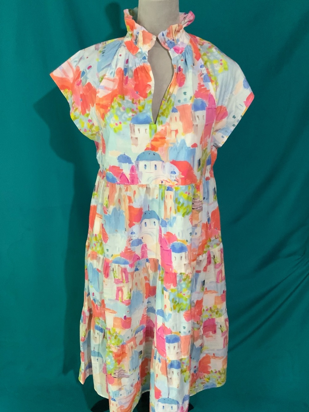 Pinch Multicolor Watercolor Print Ruffle Collar Dress, 100% Cotton